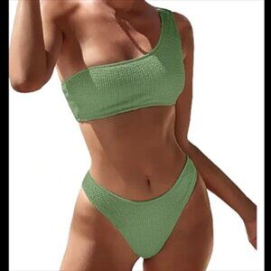 NWOT Abercrombie & Fitch One-Shoulder Matcha Green Bikini, Top-Med, Bottoms-Sm